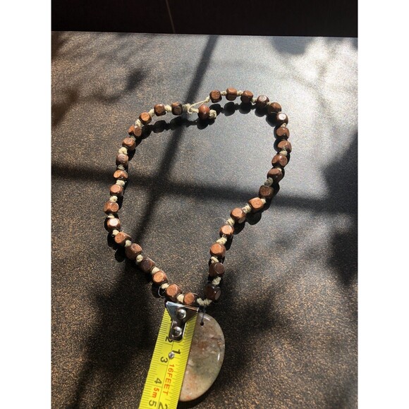 Autumn Jasper Stone Pendant Necklace w Square Wooden Beads Boho Handmade Hippie - Picture 12 of 16